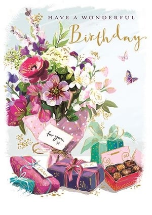 a birthday card with a bouquet of flowers and gifts .