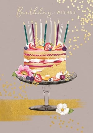 a birthday card with a cake and candles on a cake stand .