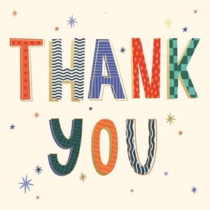 a thank you card with colorful letters and stars on a white background .