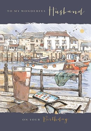 a birthday card for a wonderful husband with a drawing of a harbor