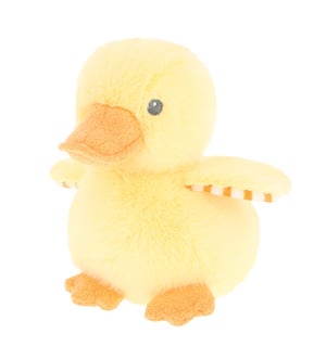 a yellow stuffed duck with a checkered stripe on its wings