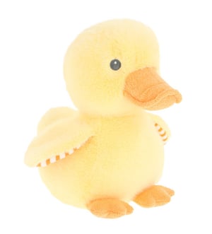 a yellow stuffed duck with a black eye and orange beak
