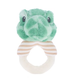 a teething ring with a green stuffed animal on it