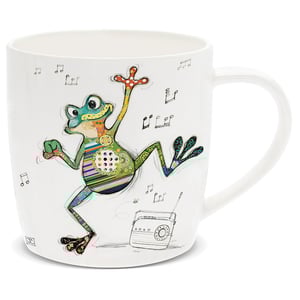 a mug with a frog and music notes on it