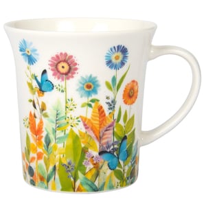 a white mug with flowers and butterflies on it