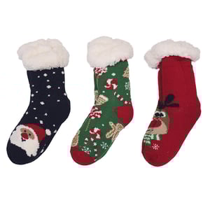 three christmas socks with santa claus candy canes and reindeer on them