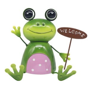 a green frog holding a sign that says welcome