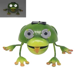 a green frog with glasses and a solar panel on its head