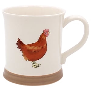 a white mug with a brown chicken on it