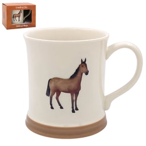 a white mug with a brown horse on it