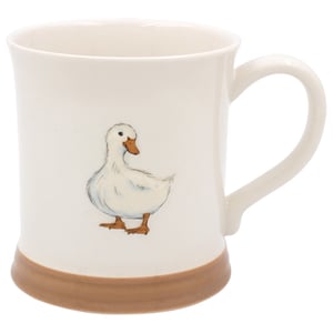 a white mug with a picture of a duck on it