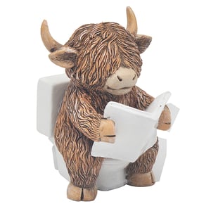 Bring a smile to any home with our delightful Highland Cow Morning News figurine! This charming piece features a shaggy-haired Highland cow, complete with its distinctive horns, enjoying a quiet moment on the toilet, engrossed in its morning paper.

A truly unique and humorous addition to any bathroom or shelf, it's perfect for those who appreciate a touch of quirky charm. Each figurine is sold individually, making it an ideal gift or a fun treat for yourself. Add a dash of character and a chuckle to your retail offering with this adorable item!