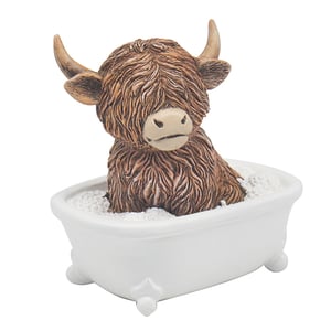 Bring a touch of adorable charm to any home with this delightful Highland Cow Soaking figurine from Lesser and Pavey Ltd. This endearing piece captures a beloved Highland cow enjoying a relaxing bubble bath, complete with its iconic shaggy fringe and sweet, contented expression.

Crafted with wonderful detail, from its cute horns to the frothy 'bubbles' in the pristine white tub, it's sure to bring a smile. Perfect for adding a whimsical touch to bathrooms, shelves, or as a unique gift. Each Highland Cow Soaking figurine is supplied individually, ready to enchant your customers.