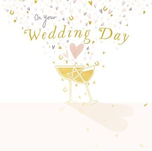 a wedding day card with two glasses of champagne and a heart .