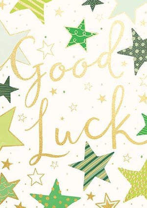 a good luck card with green and gold stars on a white background .