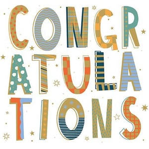 congratulations greeting card with colorful letters and stars on a white background .
