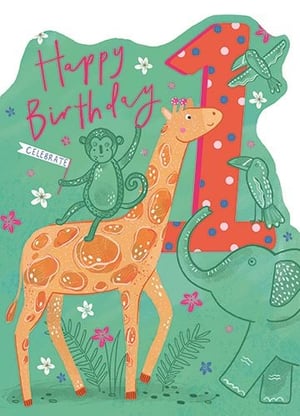 Celebrate a truly special first birthday with this delightful Age 1 card, perfect for marking a little girl's milestone. From Ling, this vibrant design showcases a friendly giraffe carrying a playful monkey, surrounded by charming jungle friends like an elephant and birds. A bold number '1' in cheerful red with polka dots takes centre stage, complemented by "Happy Birthday" in sweet pink script. Adorned with pretty flowers and lush greenery, this card is bursting with colour and warmth. Each wholesale pack contains 6 of these adorable cards, ensuring you're well-stocked for those precious first-year celebrations. A wonderful choice for any retailer.