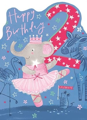 Make a little girl's second birthday extra special with this enchanting 'Age 2 Female' card from Ling. This delightful design features a charming ballerina elephant, complete with a pink tutu, crown, and sparkly star wand, poised gracefully. She's surrounded by friendly animal friends – an elegant flamingo, a striped zebra, and a sweet mouse holding a 'Celebrate' flag. The vibrant blue background is adorned with playful stars and flowers, while a bold, star-spangled pink '2' proudly marks the occasion. This card is perfect for celebrating a milestone birthday and is sure to bring joy. Supplied in a wholesale pack of 6.