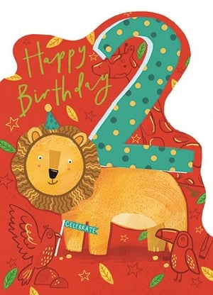 Celebrate a special second birthday with this adorable Age 2 Male card from Ling! Featuring a charming jungle theme, this vibrant card is perfect for little boys turning two. A friendly lion, complete with a party hat, takes centre stage, alongside a cheerful bird holding a 'CELEBRATE' banner. The bold number '2' and 'Happy Birthday' message stand out against a playful red background, adorned with leaves and stars. With its delightful illustrations and bright colours, this card is sure to bring a smile to any birthday boy's face. Available in a handy pack of 6, it's a wonderful addition to your card selection.