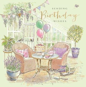 Offer your customers a truly charming way to celebrate with this delightful 'Open Birthday Female' card from Ling. This beautifully illustrated card captures a serene birthday scene in a sunlit conservatory. Festooned with colourful bunting and balloons, a tempting birthday cake takes centre stage on a quaint table, flanked by inviting wicker chairs. Lush potted plants, fragrant lavender, and a sweet little bird complete this idyllic setting. The gentle watercolour artistry and soft palette create a warm and inviting feel, perfect for sending heartfelt birthday wishes. Supplied in a convenient pack of 6, this card is a wonderful choice for any female recipient, promising to bring a touch of elegance and joy to their special day.