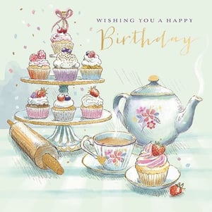 Make her birthday extra special with this charming Open Birthday Female card from Ling. This beautifully illustrated design captures the essence of a delightful afternoon tea, featuring a tiered stand laden with sweet cupcakes, a steaming teapot, and a pretty teacup. The soft, pastel colours and elegant golden "Birthday" script create a truly inviting and celebratory feel. Perfect for wishing a happy birthday to any female recipient, this card is sure to be cherished. Supplied in a convenient pack of 6, it's a wonderful addition to your greeting card selection.