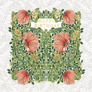 Introduce a touch of timeless elegance to your card selection with our 'Open Birthday Female' card from Ling. This exquisite design features a lush botanical illustration, reminiscent of classic Arts and Crafts patterns, with vibrant coral-toned flowers gracefully intertwined with rich green foliage. Delicate golden accents highlight the intricate details and the central 'Happy Birthday' message, adding a sophisticated shimmer.

Perfect for customers seeking a beautiful and artistic birthday card, its charming aesthetic is sure to impress. Each pack contains 6 cards, offering a convenient way to stock up on this truly lovely design. A delightful choice for any discerning retailer.