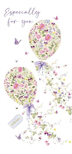 a greeting card with three balloons decorated with flowers and butterflies .