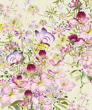 a painting of pink flowers and butterflies on a white background .