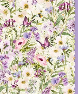 a greeting card with purple flowers and butterflies on a white background .