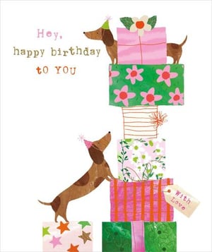 a dachshund is standing on top of a stack of birthday presents .