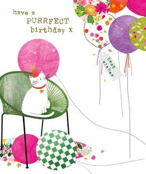 a cat is sitting in a chair with balloons around it .