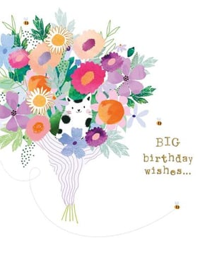 a cat is sitting in a bouquet of flowers on a birthday card .