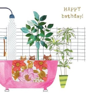three cats are taking a bath in a pink bathtub surrounded by plants .