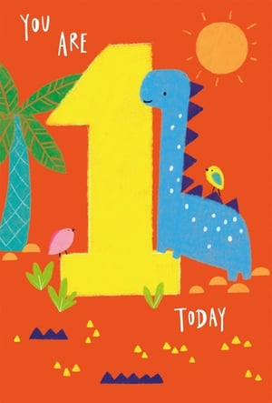 Celebrate a very special milestone with this delightful Age 1 Male birthday card from Nigel Quiney Publications. Featuring a charming blue dinosaur standing proudly next to a bold yellow '1', this card is perfect for a little one's first birthday. The vibrant orange background, cheerful sun, and playful palm tree create a joyful scene, complete with two sweet birds. The clear message "YOU ARE 1 TODAY" makes it an ideal choice for marking this memorable occasion. Stock up your shelves with this popular design; each pack contains 6 cards, ready to bring smiles to your customers.