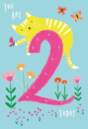 Celebrate a delightful second birthday with this enchanting card, perfect for little girls turning two! Our 'Age 2 Female' card features an adorable yellow striped cat playfully perched on a vibrant pink number '2', surrounded by cheerful butterflies and pretty flowers. The bright blue background and sweet heart details make this a truly charming design. With its friendly artwork and celebratory message, this card is sure to bring a big smile to any two-year-old's special day. Stock up on this lovely design from Nigel Quiney Publications, available in a convenient pack of 6.