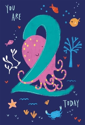 Celebrate a special little boy's second birthday with this adorable Age 2 Male card from Nigel Quiney Publications. This charming design features a friendly pink octopus playfully wrapped around a bold number '2', set against a deep blue underwater backdrop. Little fish, a cheerful crab, and colourful coral add to the vibrant scene, making it truly captivating. The sweet "YOU ARE 2 TODAY" message is perfect for marking this exciting milestone. Available in a convenient 1x6 pack size, this card is sure to bring a splash of joy to your customers' celebrations.