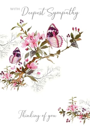 Help your customers convey their deepest condolences with this beautiful Sympathy card from Nigel Quiney Publications. Featuring a serene watercolour design, delicate pink blossoms and graceful butterflies adorn a branch, creating a truly thoughtful image. The elegant script expresses "WITH Deepest Sympathy" and "Thinking of you," offering comfort and support during difficult times. This sensitive card is ideal for those wishing to send a gentle message. Available in a convenient pack of 6, it's a perfect addition to your greeting card range.