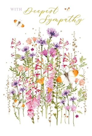 Offer a gentle message of comfort with our beautiful Sympathy card from Nigel Quiney Publications. This exquisite design features a stunning array of watercolour wildflowers in soft pinks, purples, and oranges, creating a serene meadow scene. Delicate butterflies flutter amongst the blooms, adding a touch of peaceful beauty. The elegant "WITH Deepest Sympathy" message is presented in a graceful script, conveying heartfelt condolences. Perfect for offering solace during difficult times, this card is crafted with care and sensitivity. Each pack contains 6 cards, ready to provide a thoughtful gesture when it matters most.