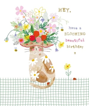 Nigel Quiney Publications presents this charming 'Open Birthday Female' card, sure to brighten any recipient's day. This delightful design features a sweet watercolour cat, adorned with a magnificent hat overflowing with colourful blossoms. Bees flit among the flowers, while playful ladybirds explore the green checkered ground below. The cat itself is decorated with lovely daisy patterns, adding to its whimsical appeal. With the heartfelt message, "HEY, have a BLOOMING beautiful birthday x", this card is perfect for sending warm wishes. Stock up with our convenient pack of 6 and offer your customers a truly beautiful birthday greeting.