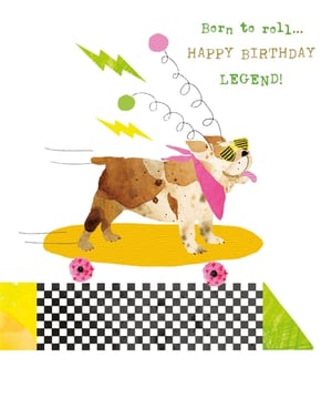 Get ready to roll into a fantastic birthday celebration with this awesome card! It features a super cool bulldog, complete with stylish shades and a pink bandana, cruising along on a vibrant yellow skateboard. Playful lightning bolts and squiggly lines add to the energetic vibe, making this card perfect for anyone who loves to have fun. The cheerful message, "Born to roll... HAPPY BIRTHDAY LEGEND!", makes it an unforgettable greeting for their special day. This lively design from Nigel Quiney Publications is sure to bring smiles. Stock up with our convenient pack of 6.