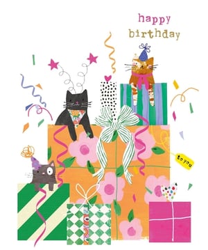 Celebrate in style with this adorable 'Open Birthday Female' card from Nigel Quiney Publications. Featuring a delightful scene of playful cats peeking out from a vibrant stack of presents, this card is sure to bring a smile to any recipient's face. Three charming felines, complete with party hats and festive bandanas, are surrounded by colourful confetti and streamers, creating a truly joyful birthday moment. The hand-drawn style and cheerful palette of oranges, pinks, and greens make this a wonderfully whimsical choice. Perfect for sending warm wishes, each pack contains 6 cards, ready to brighten someone's special day.