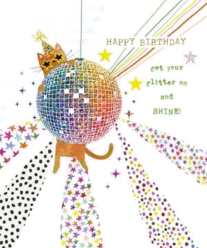 Bring a burst of joy to any birthday celebration with this delightful 'Open Birthday Female' card from Nigel Quiney Publications. This vibrant design features an adorable ginger cat, complete with a party hat and star-shaped sunglasses, playfully clinging to a dazzling, rainbow-coloured disco ball. Beams of colourful stars and polka dots radiate from the glittery sphere, creating an instantly festive atmosphere. The cheerful message, "HAPPY BIRTHDAY, get your glitter on and SHINE!", makes it the perfect choice for sending sparkling wishes. Available in a wholesale pack of 6, these cards are ideal for customers looking to share a truly fun and memorable birthday greeting.
