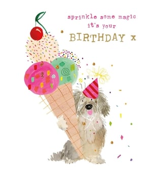 Add a touch of magic to her birthday with this lovely card from Nigel Quiney Publications! The design showcases an endearing shaggy dog, complete with a party hat, proudly presenting a large ice cream cone adorned with colourful scoops, sprinkles, and a cherry. Rendered in a charming watercolour style, the scene is further enhanced by playful confetti. Featuring the warm message "sprinkle some magic it's your BIRTHDAY x", this card is ideal for celebrating a female's special day. Stock up with our convenient pack of 6.