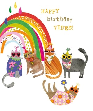 Bring a burst of joy to your card display with our 'Open Birthday Female' card from Nigel Quiney Publications. This delightful design features a playful parade of party-ready cats, complete with funky sunglasses, festive hats, and vibrant floral accessories. A cheerful rainbow arches overhead, setting the scene for truly 'HAPPY birthday VIBES!'. Perfect for celebrating any female's special day, its quirky charm and bright colours are sure to stand out. Supplied in a convenient pack of 6, these cards are a must-have for spreading smiles and good cheer.