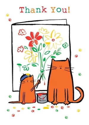 Say a big 'Thank You!' with this utterly charming card from Nigel Quiney Publications. This delightful design captures a heartwarming moment as a little ginger cat, complete with artist's beret, paints a vibrant floral masterpiece. Its larger feline friend watches on, surrounded by colourful paw prints and playful paint splatters. Perfect for expressing gratitude with a touch of whimsy, this card is sure to bring a smile. Stock up with our convenient pack of 6, ideal for your retail offering.