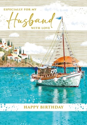 Celebrate your wonderful Husband's birthday with this truly charming card! Featuring a serene watercolour scene, it depicts a classic sailboat gently cruising on sparkling turquoise waters, with a picturesque coastal village nestled in the background. A lone figure enjoys a spot of fishing, adding to the tranquil atmosphere.
The elegant gold lettering, reading 'Especially for my Husband with Love' and 'Happy Birthday', expresses your affection perfectly. This beautiful design from Nigel Quiney Publications offers a warm and heartfelt way to show your Husband how much he means to you on his special day. It’s a delightful choice for a memorable birthday greeting.