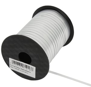 a spool of white curling ribbon with a barcode on it