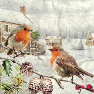 a painting of birds in the snow with houses in the background