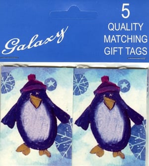Add a delightful touch to your presents with these adorable 5 Penguin Gift Tags from Galaxy. Each pack contains five high-quality, matching gift tags featuring a charming penguin, complete with a cosy hat, ready to bring a smile to any recipient.

Set against a lovely light blue background adorned with delicate snowflakes and stars, these tags are perfect for adding a festive or wintery feel to your gifts. Whether it's for Christmas, a winter birthday, or just to make a present extra special, these cute penguin tags are sure to impress. Easy to attach and beautifully designed, they're the perfect finishing touch for any thoughtful gift.