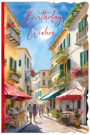 Brighten someone's special day with our 'Open Birthday Female' card, brought to you by Out of The Blue Studios Ltd. This enchanting design captures the essence of a sun-drenched European street, beautifully rendered in a charming painterly style. Adorned with vibrant buildings, overflowing flower baskets, and inviting cafe scenes, it's a truly picturesque setting that conveys the warmest 'Birthday Wishes'. The artistic detail and joyful atmosphere make this card an ideal choice for any female recipient. Available in a convenient pack of 6, it's the perfect addition to your greeting card selection, offering customers a delightful way to celebrate.